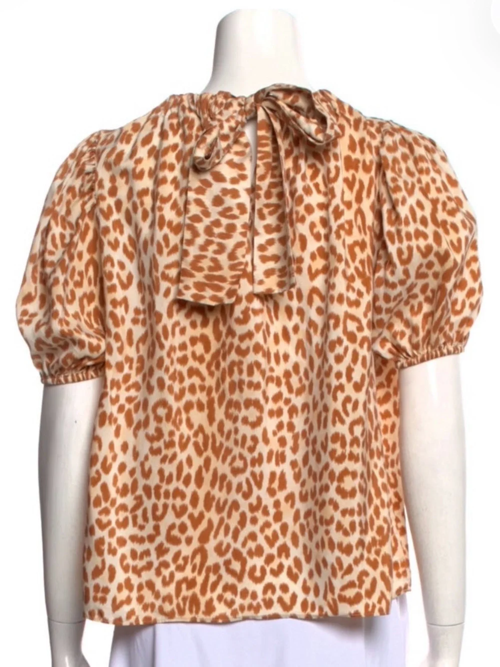 Ulla Johnson Cream & Tan Leopard-Print Silk Puff Sleeve Blouse